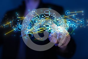 A Businessman pressing document icon over computer binary code