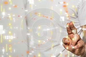 A Businessman pressing document icon over computer binary code