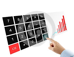 businessman pressing equal sign button on wide screen virtual calculator interface with red bar graph isolated on white