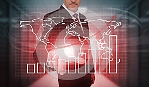 Businessman pressing futuristic chart and world map interface