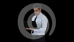 Businessman pressing play button to start or initiate projects or presentation on laptop, alpha channel