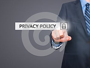 Businessman pressing Privacy Policy button on virtual screens