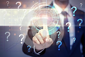 Businessman pressing support button on virtual screen