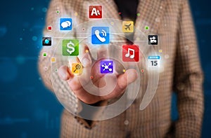 Businessman pressing various collection of buttons