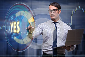 The businessman pressing virtual button yes