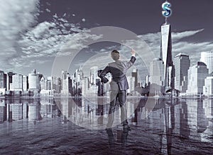 The businessman pressing virtual dollar button