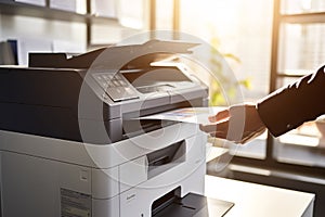 Businessman print paper on a multifunction laser printer in business office. Document and paperwork. Secretary work. Copy, print,