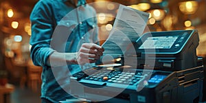 Businessman printing documents using a multifunction laser printer in an office setting