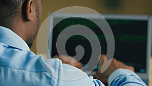 Businessman IT programmer hacker man developing software digital java app typing code on computer web screen coding data