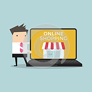 Businessman promote online shop in computer photo