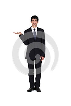 Businessman promoting a product