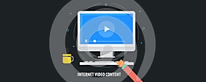Video marketing on internet, video content promotion on social media, video advertising concept. Flat design vector banner.