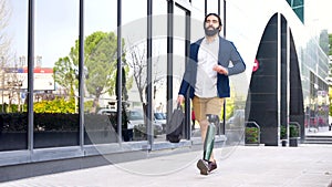 Businessman with prosthetic leg commuting walking in a financial district