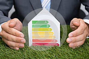 Businessman Protecting Energy Consumption Label On Grass