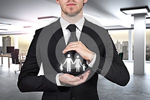 Businessman protecting family paper cut with hands 3D Illustration