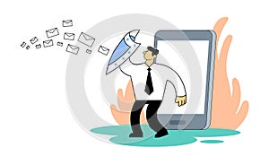 Businessman protecting himself with a shield against unwanted mail. Spam, antispam protection. Flat vector illustration photo