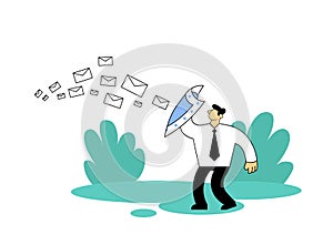 Businessman protecting himself with a shield against unwanted mail. Spam, antispam protection. Flat vector illustration photo