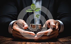 Businessman protection plant sprouting growing from golden coins, Business growth concept