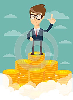 Businessman proudly standing on the huge money staircase.