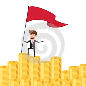 Businessman proudly standing on money stack and set a red flag. Investment and saving concept. Increasing capital and profits.