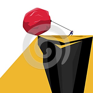 Businessman pull huge stone on the cliff. Business problem crisis hardship and burden concept photo