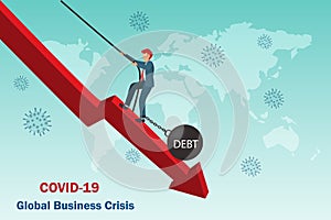 Businessman pull rope struggling to survive from debt and decline graph from Covid-19 pandemic, impact to global economic