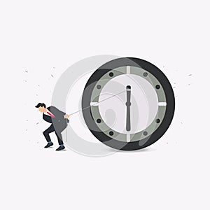 Businessman pulling clock. Time management concept vector illustration