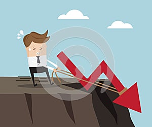 Businessman pulling down graph on high cliff