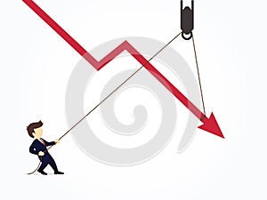 Businessman pulling a falling arrow graph chart from further dropping down. Vector illustration for business design and