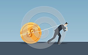 Businessman pulling golden dollar coin forward on floor with rope in flat icon design and blue color background