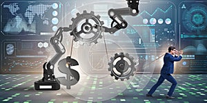 The businessman pulling mechanism and raising dollar