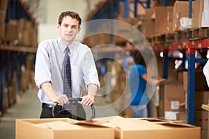 Businessman Pulling Pallet In Warehouse