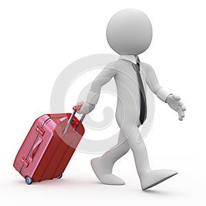 Businessman pulling a red trolley suitcase