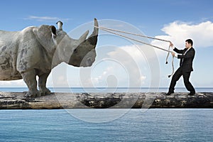 Businessman pulling rope against rhinoceros balancing on tree tr