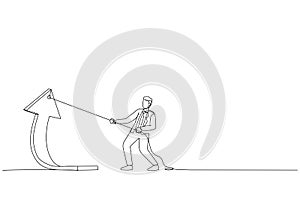 businessman pulls a big arrow up the rope. raise income concept. Single line art style