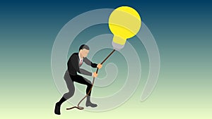 A businessman pulls a giant light bulb using a rope. interesting illustrations of ideas so that they don`t escape. get a brillian