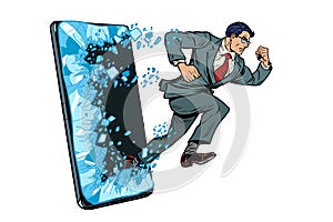 Businessman punches the screen Phone gadget smartphone. Online Internet application service program