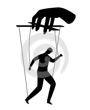 Businessman puppet. Human puppets control, puppeteer hands man marionette silhouette vector illustration, employee staff