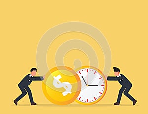 Businessman push a o clock and coin. describe time is money, compete, move and faster.