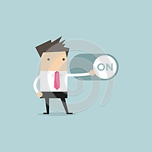 Businessman push setting button switch to on position.