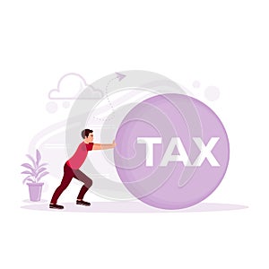 Businessman pushing a big ball marked with tax. Tax time, tax expense, and taxpayer finance concept.