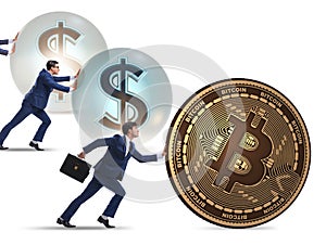 Businessman pushing bitcoin in cryptocurrency blockchain concept