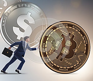 Businessman pushing bitcoin in cryptocurrency concept