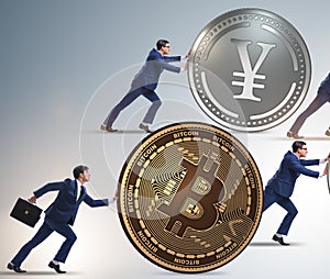 Businessman pushing bitcoin in cryptocurrency concept