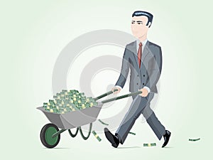 Businessman pushing cart full of money