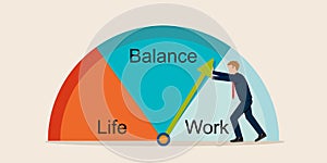 Businessman pushing clock arrow with Work life balance concept