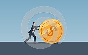 Businessman pushing golden dollar coin forward on floor in flat icon design with blue color background