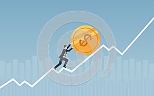 Businessman pushing golden dollar coin up over graph in flat icon design with chart and blue color background
