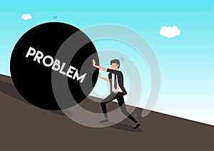 Businessman pushing huge stone with message debt up the hill. Business problem crisis hardship and burden concept. Cartoon. Vector