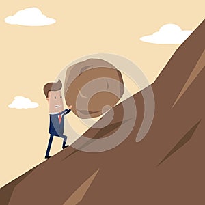 Businessman pushing huge stone up the hill. Business problem crisis hardship and burden concept. Vector Illustration